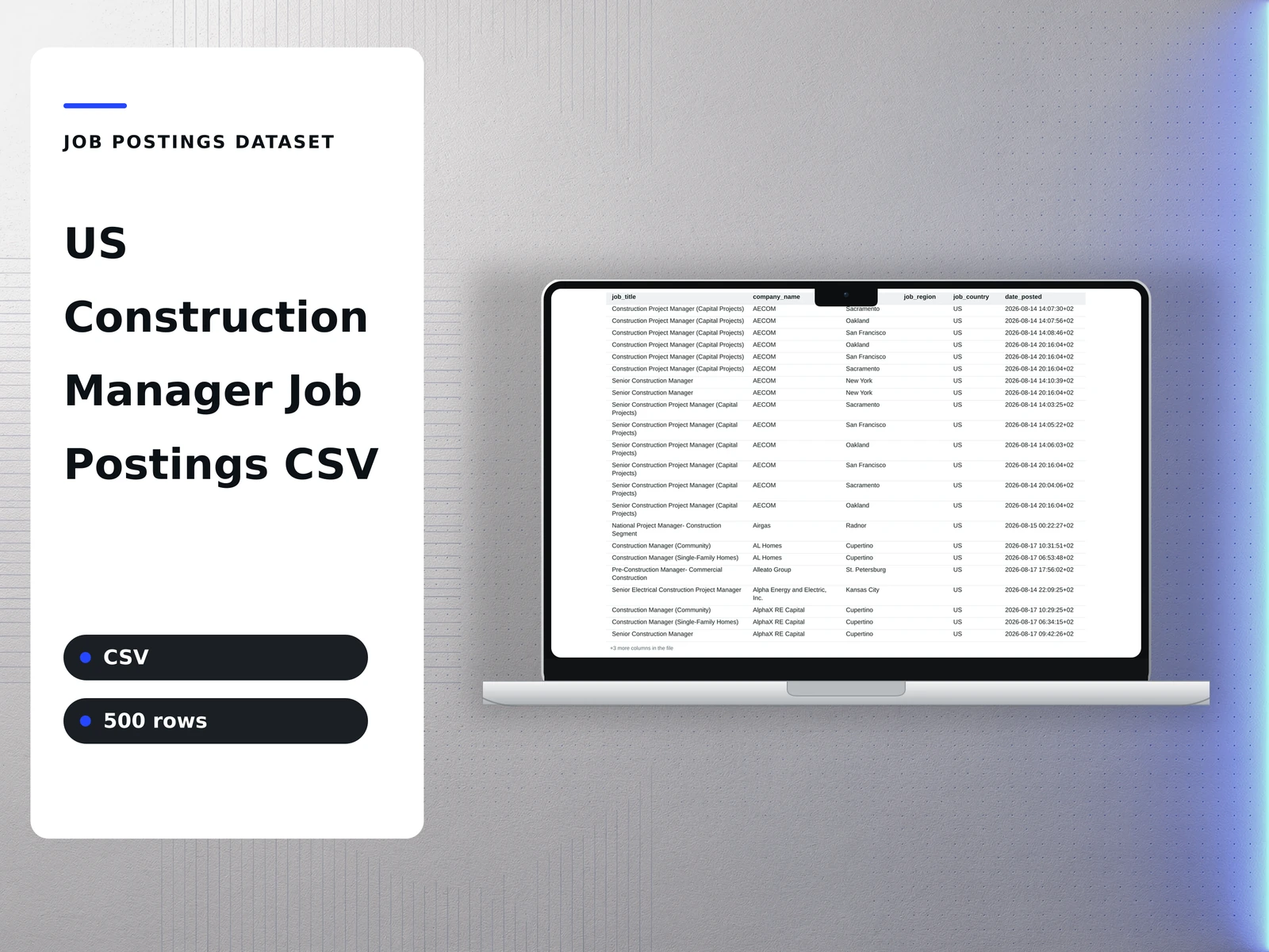 us construction manager job postings csv — product cover showing a page of the workbook