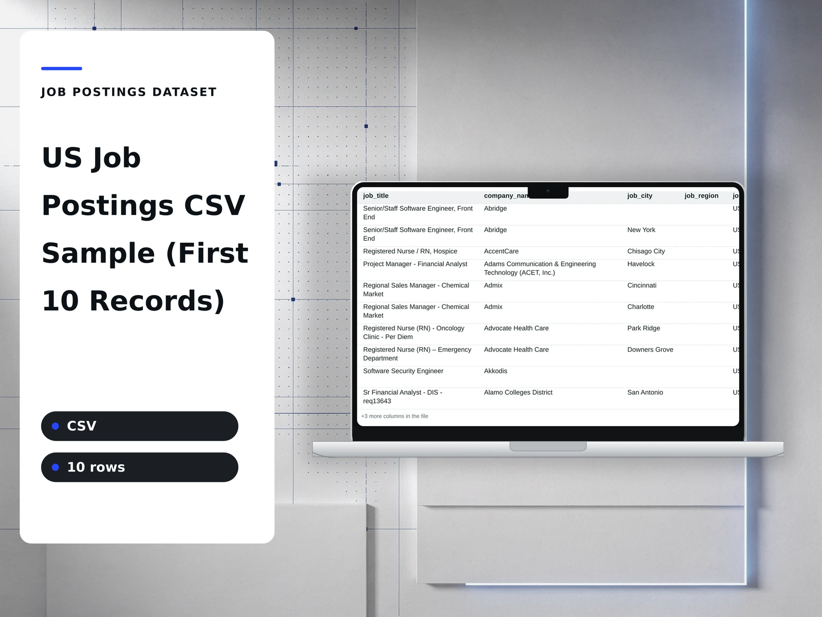 us job postings csv sample — product cover showing a page of the workbook